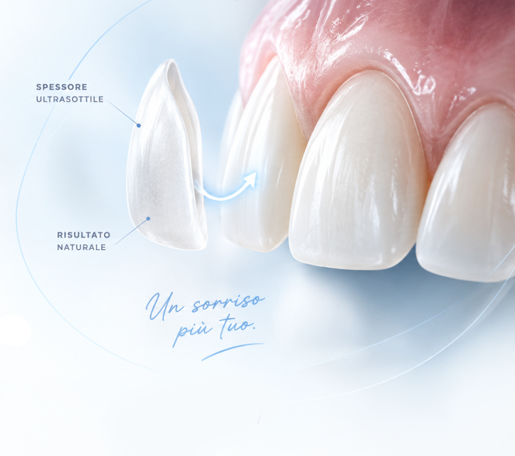Illustrazione di una faccetta dentale sottile applicata sulla superficie del dente